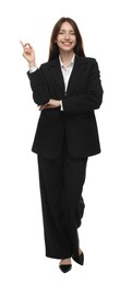 Photo of Happy woman in suit on white background