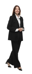 Photo of Happy woman in suit on white background