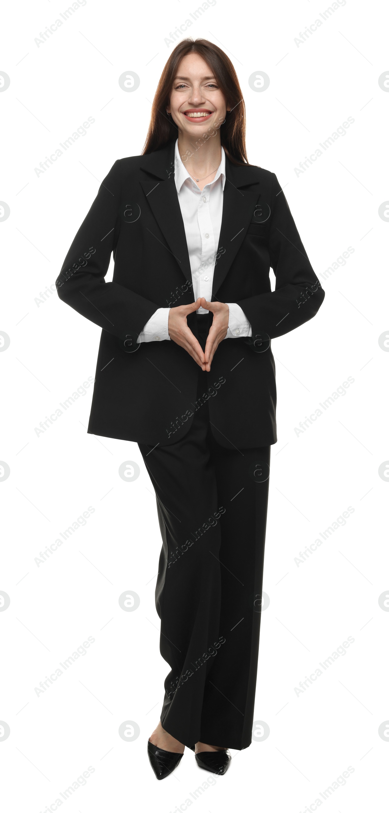 Happy woman in suit on white background Photo of Happy woman in suit on white background