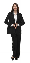 Photo of Happy woman in suit on white background