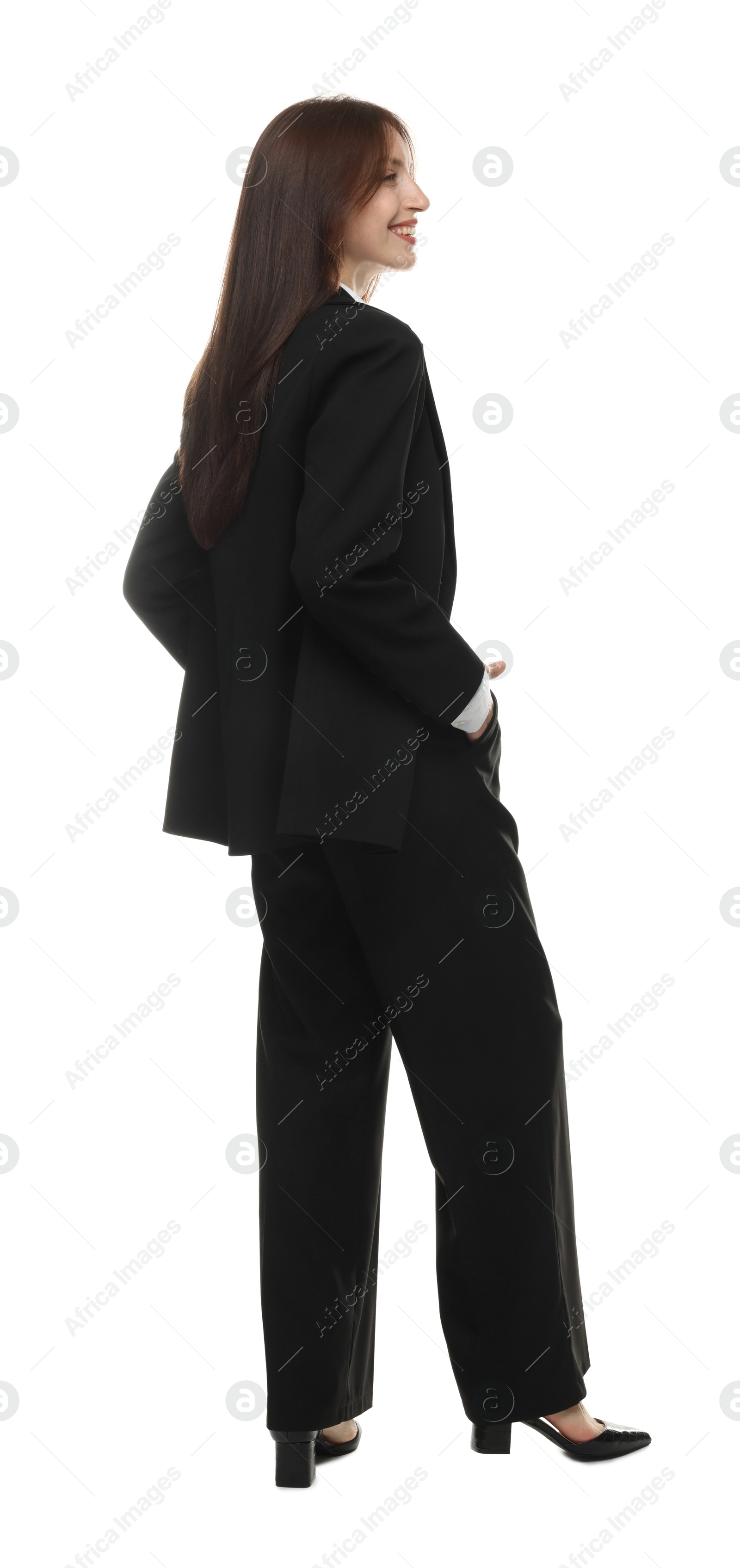 Happy woman in suit on white background Photo of Happy woman in suit on white background