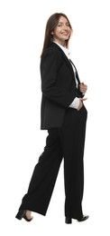 Photo of Happy woman in suit on white background