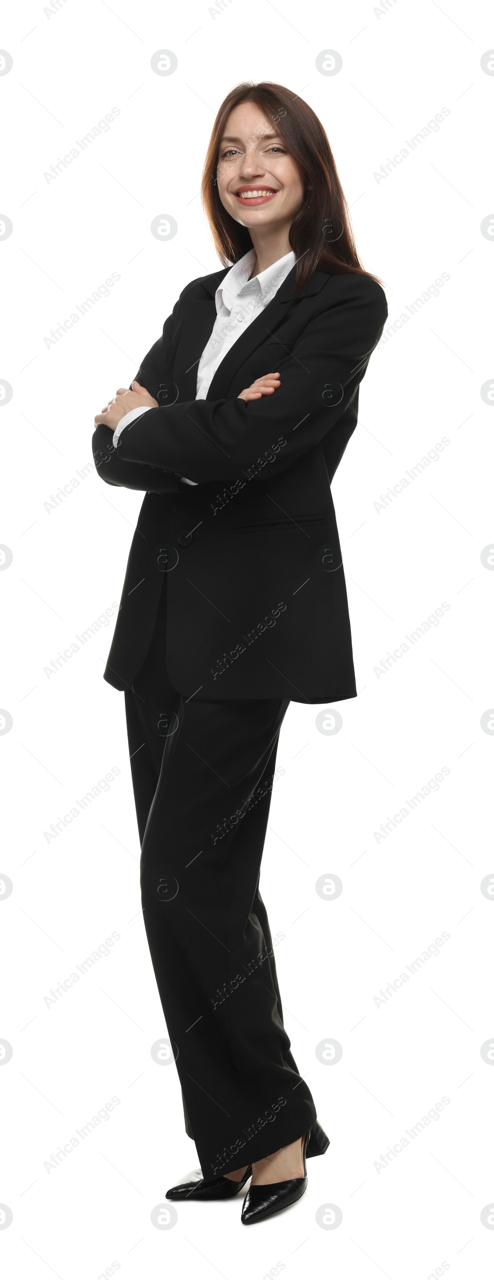 Happy woman in suit on white background Photo of Happy woman in suit on white background