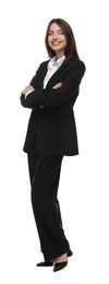 Photo of Happy woman in suit on white background