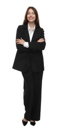 Photo of Happy woman in suit on white background