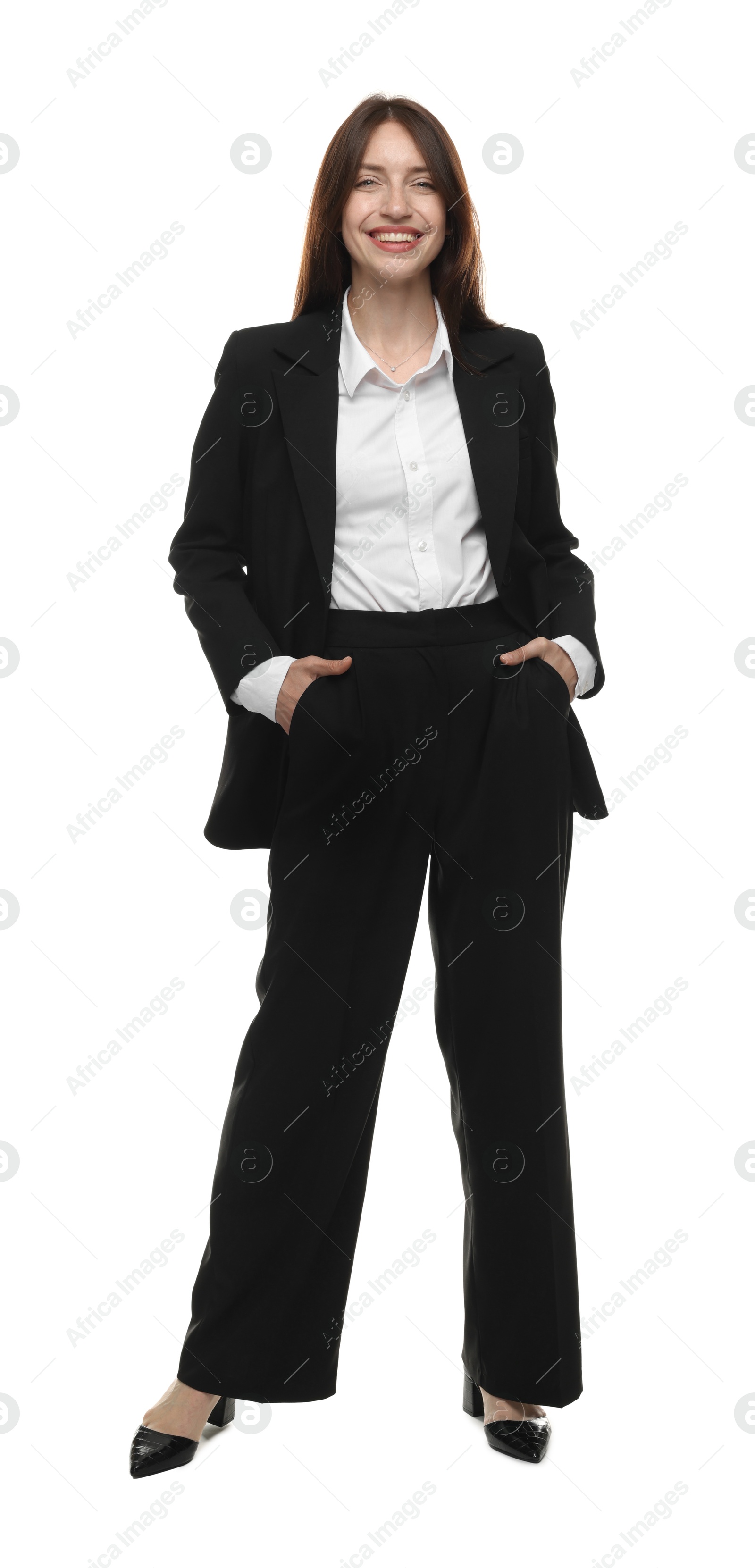 Happy woman in suit on white background Photo of Happy woman in suit on white background
