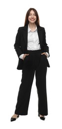 Photo of Happy woman in suit on white background