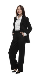 Photo of Happy woman in suit on white background