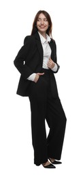Photo of Happy woman in suit on white background