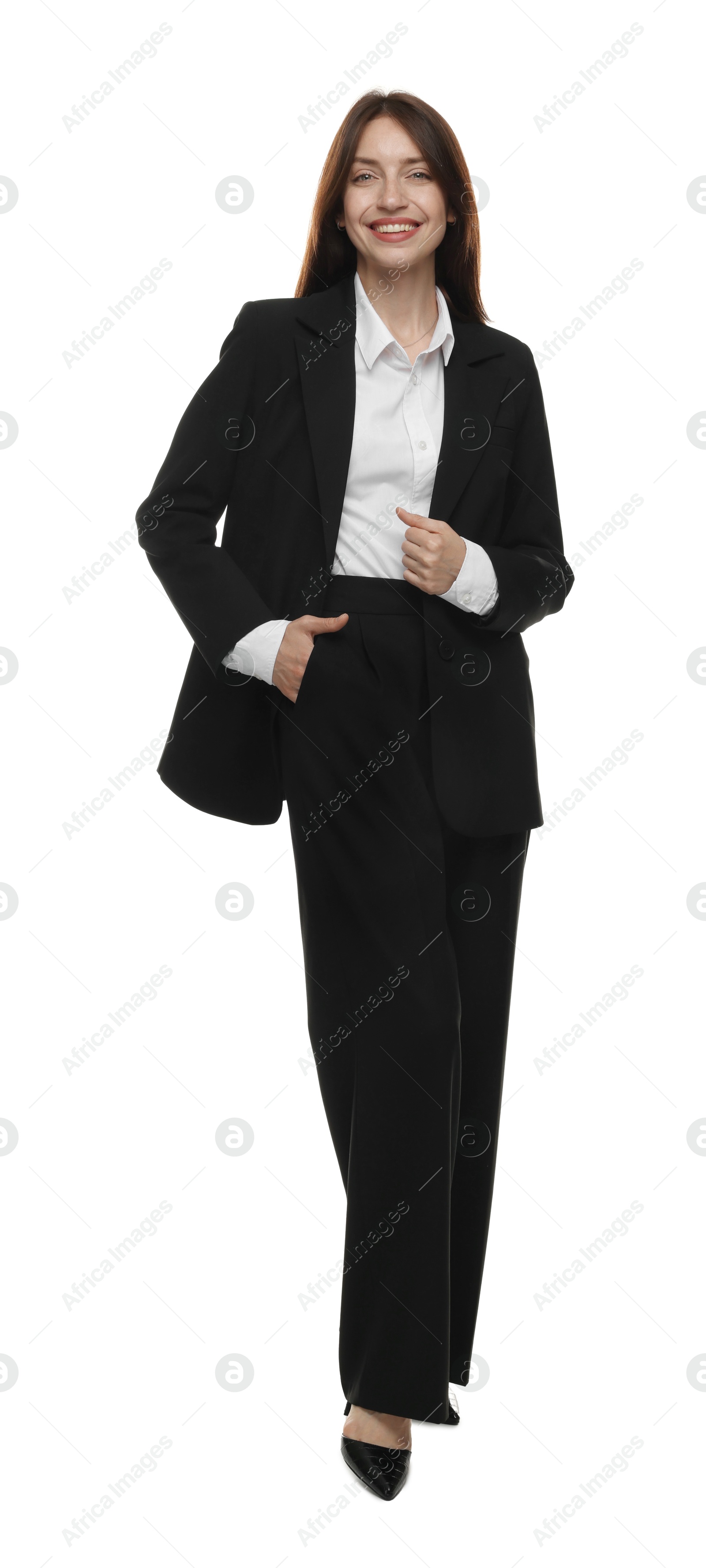 Happy woman in suit on white background Photo of Happy woman in suit on white background