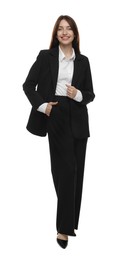 Photo of Happy woman in suit on white background