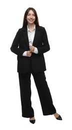Photo of Happy woman in suit on white background