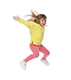 Photo of Happy little girl dancing on white background