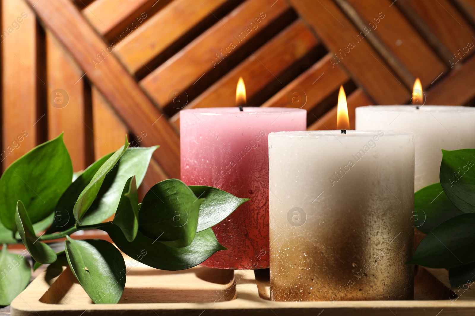 Burning candles and green leaves on wooden tray, closeup Photo of Burning candles and green leaves on wooden tray, closeup