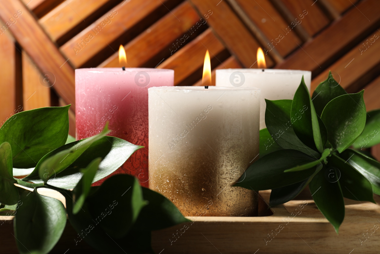 Burning candles and green leaves on wooden tray, closeup Photo of Burning candles and green leaves on wooden tray, closeup