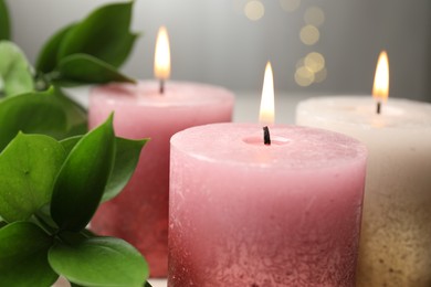 Photo of Burning candles and green leaves on table against blurred lights, closeup