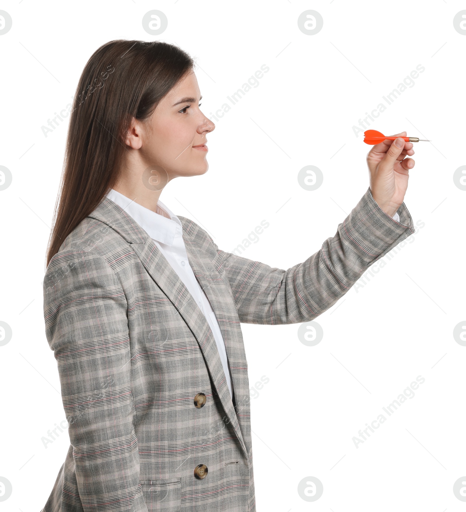 Targeting. Businesswoman with dart aiming on white background Photo of Targeting. Businesswoman with dart aiming on white background