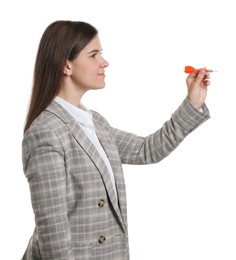 Photo of Targeting. Businesswoman with dart aiming on white background
