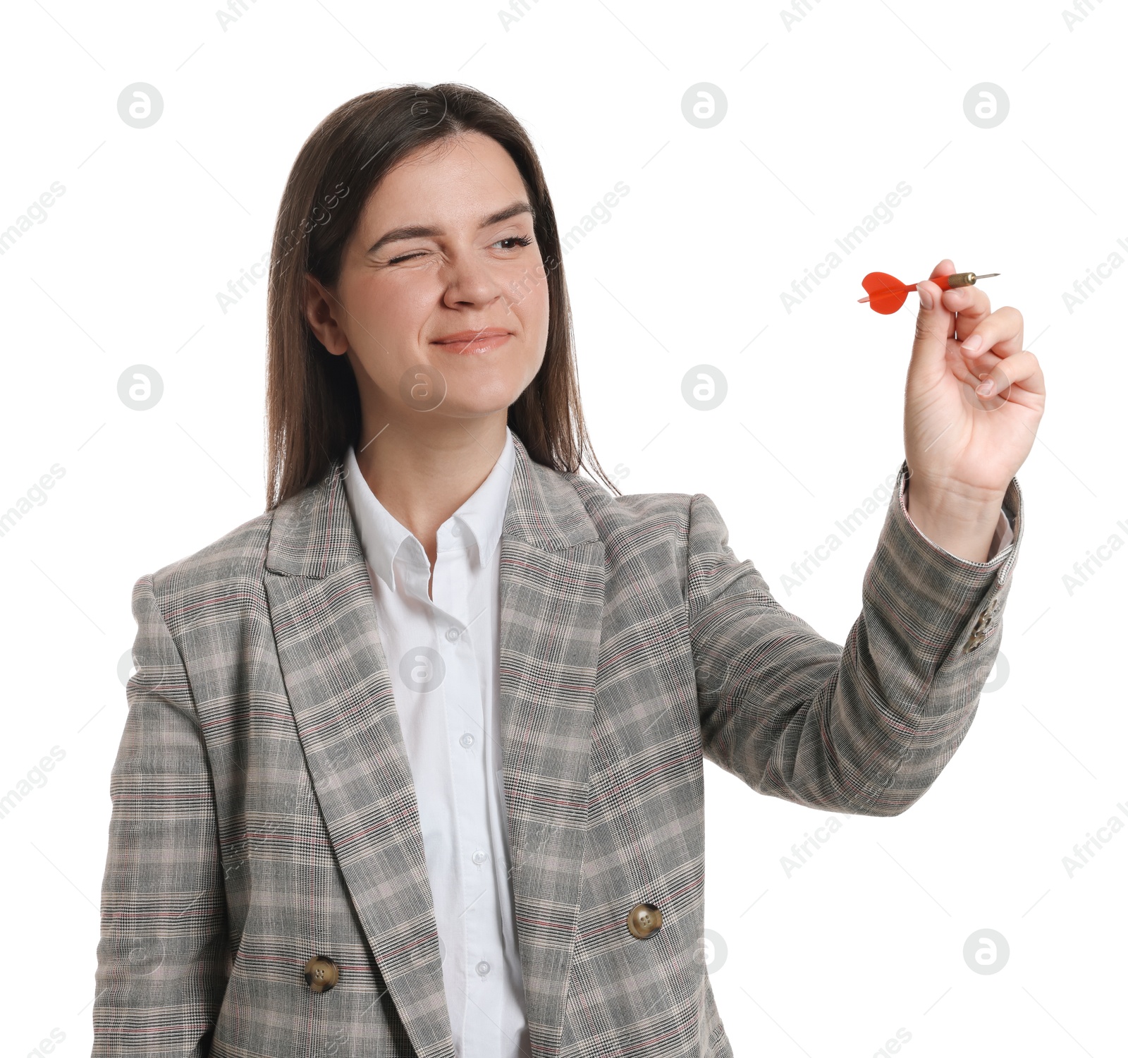 Targeting. Businesswoman with dart aiming on white background Photo of Targeting. Businesswoman with dart aiming on white background