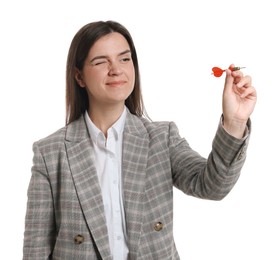Photo of Targeting. Businesswoman with dart aiming on white background