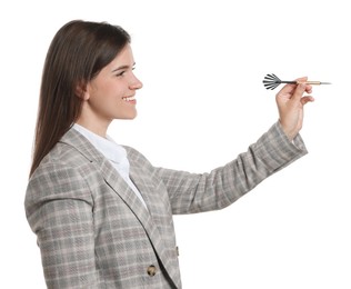 Photo of Targeting. Smiling businesswoman with dart aiming on white background