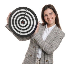 Photo of Targeting. Smiling businesswoman with dart board on white background