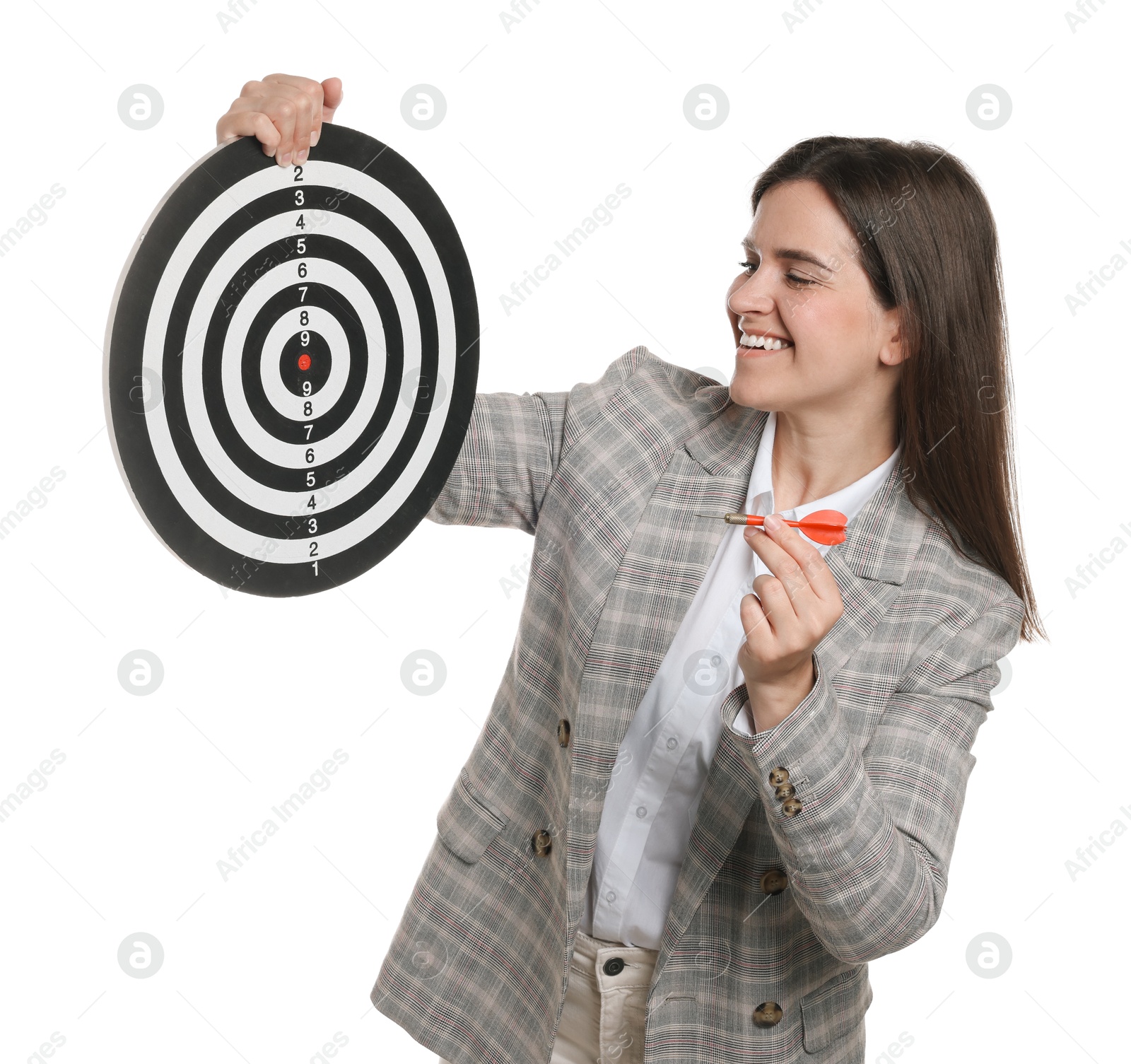 Targeting. Smiling businesswoman with dart board and arrow on white background Photo of Targeting. Smiling businesswoman with dart board and arrow on white background