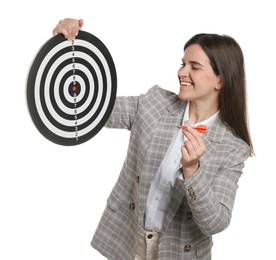 Photo of Targeting. Smiling businesswoman with dart board and arrow on white background