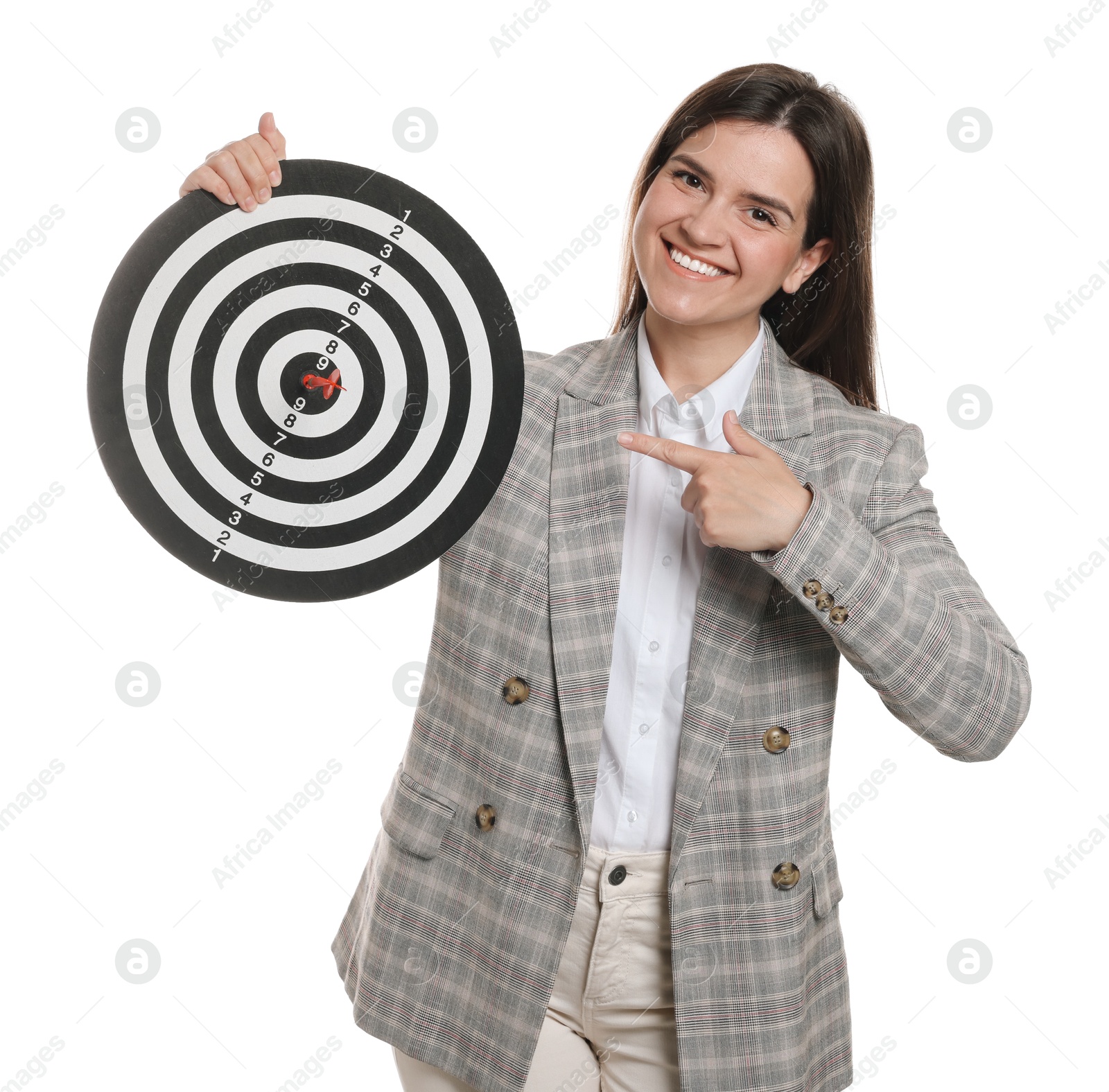 Targeting. Smiling businesswoman pointing at dart board on white background Photo of Targeting. Smiling businesswoman pointing at dart board on white background