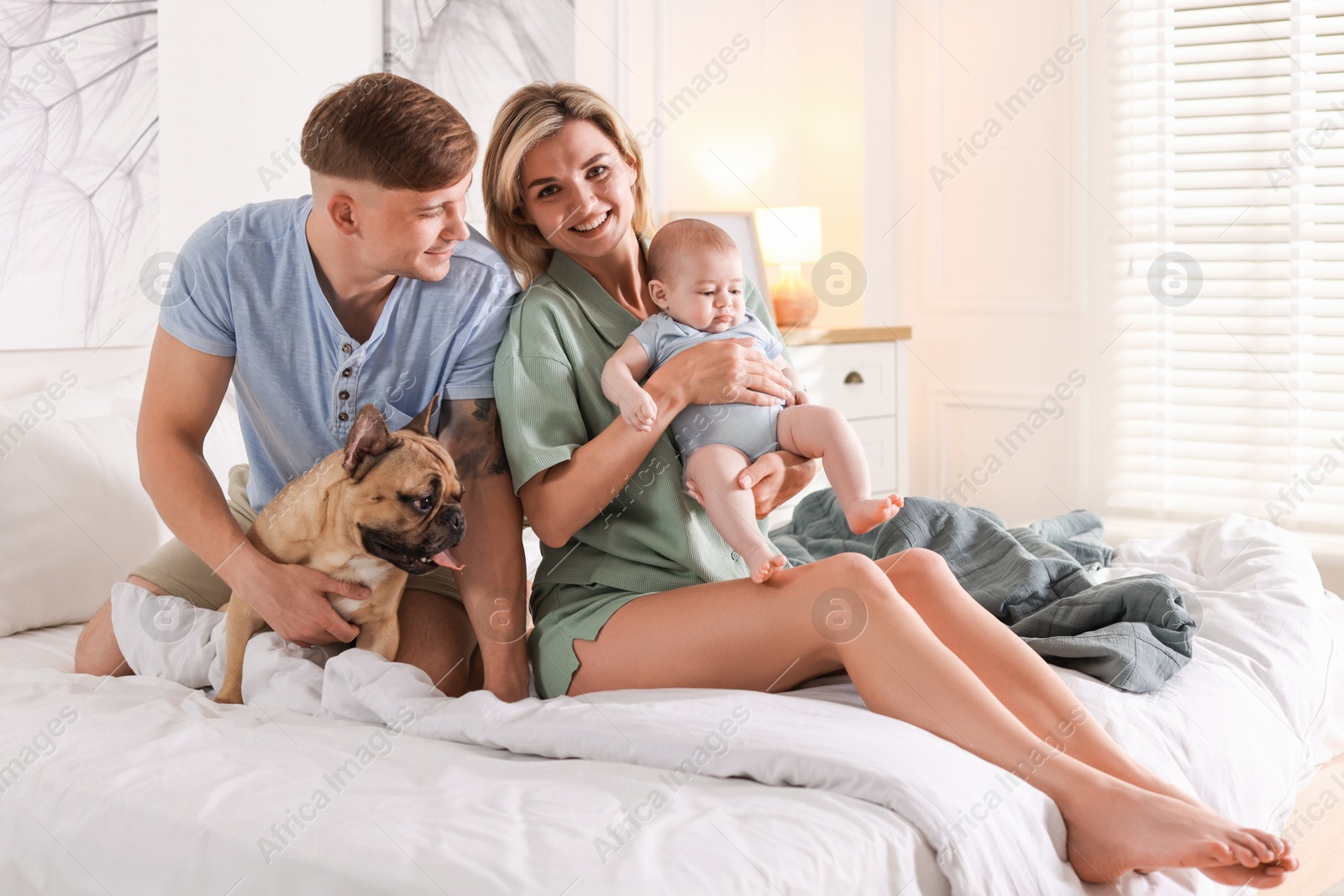Happy family with little baby and cute dog on bed at home Photo of Happy family with little baby and cute dog on bed at home