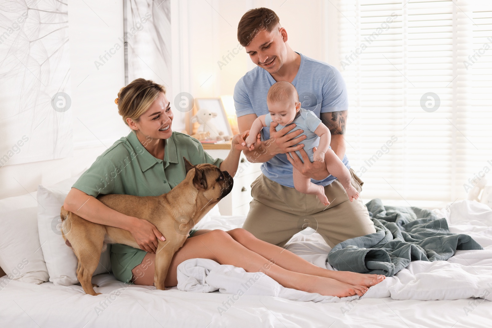 Happy family with little baby and cute dog on bed at home Photo of Happy family with little baby and cute dog on bed at home