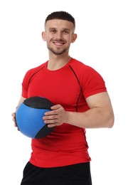 Photo of Man with medicine ball on white background