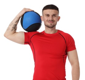 Photo of Man with medicine ball on white background