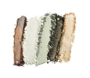 Photo of Colorful eyeshadows on white background, top view