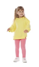 Photo of Happy little girl dancing on white background