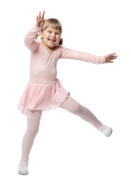 Photo of Cute little girl dancing on white background