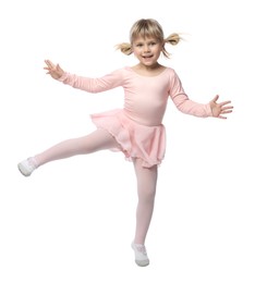 Photo of Cute little girl dancing on white background
