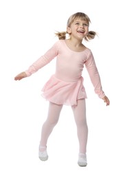 Photo of Cute little girl dancing on white background