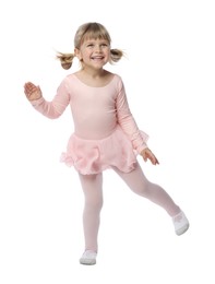 Photo of Cute little girl dancing on white background