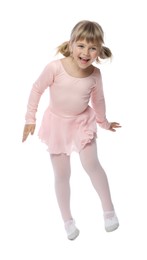 Photo of Cute little girl dancing on white background