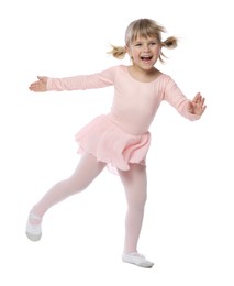 Photo of Cute little girl dancing on white background