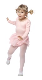 Photo of Cute little girl dancing on white background
