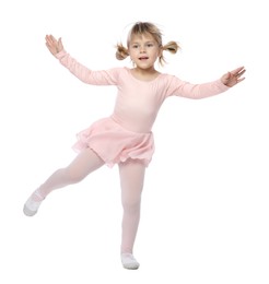 Photo of Cute little girl dancing on white background