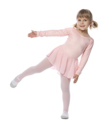 Photo of Cute little girl dancing on white background