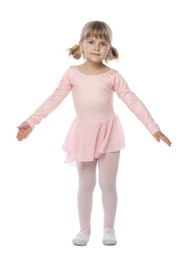 Photo of Cute little girl dancing on white background
