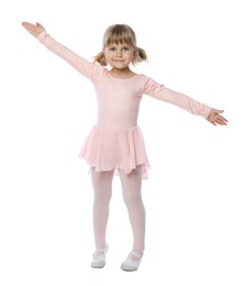 Photo of Cute little girl dancing on white background