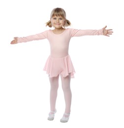 Photo of Cute little girl dancing on white background