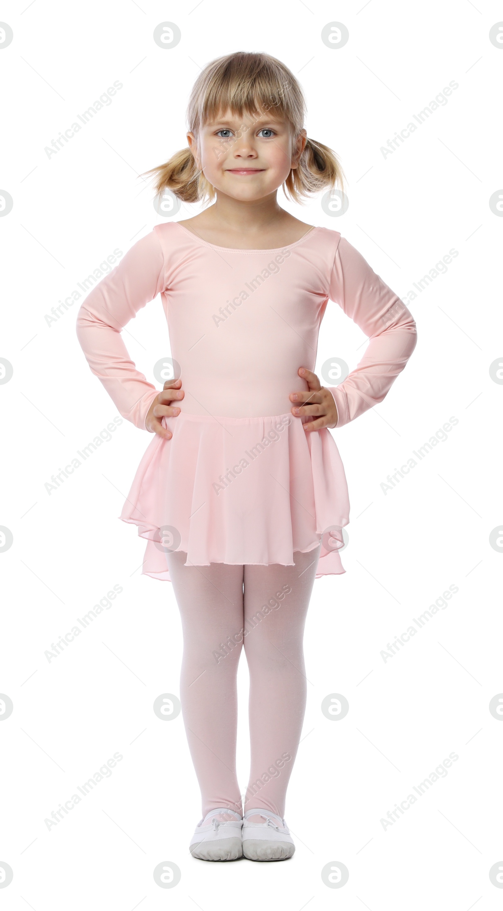 Photo of Cute little girl dancing on white background