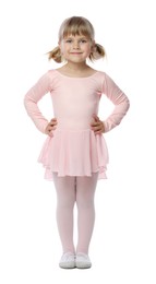Photo of Cute little girl dancing on white background