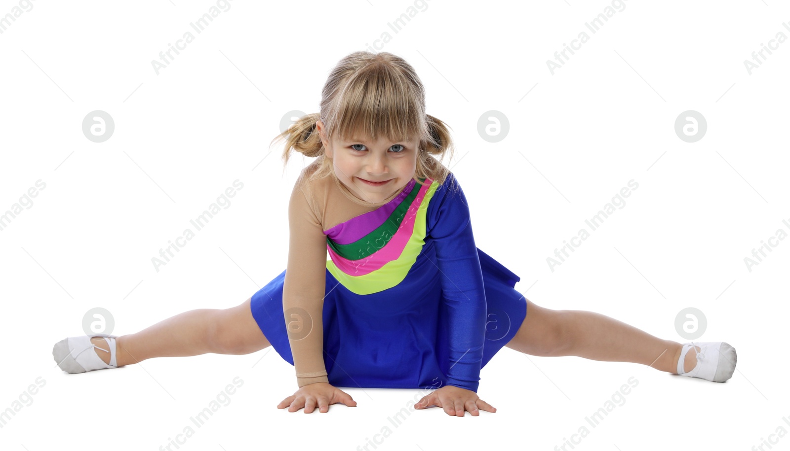 Cute little girl dancing on white background Photo of Cute little girl dancing on white background